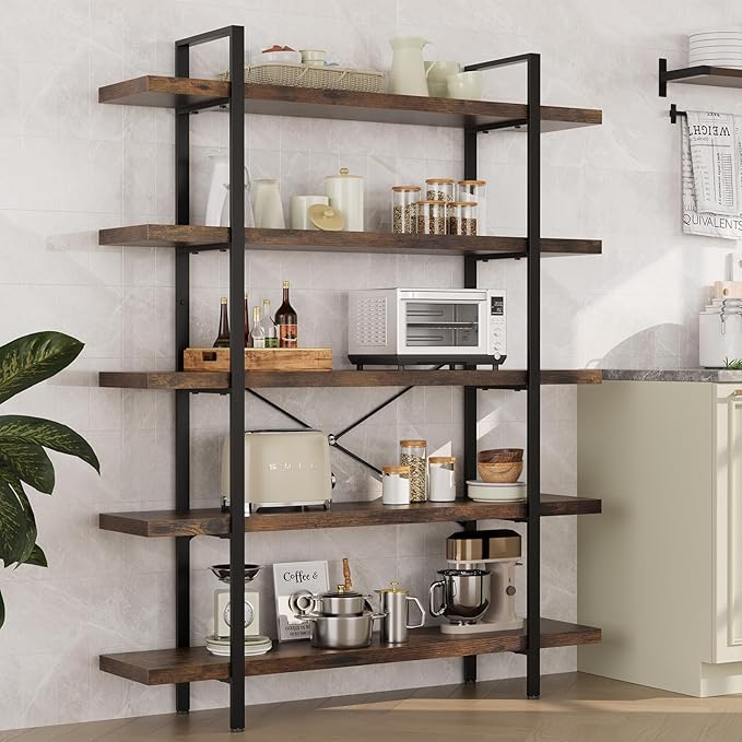 5 Tier Bookcase, 47 Inch Wide Wood Bookshelf, 120lbs Shelf Capacity Estante, Rustic Open Shelving Industrial Display with Reinforced Horizontal Brown Shelves for Living Room Bedroom Office