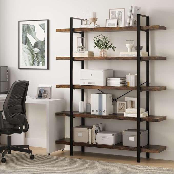 5 Tier Bookcase, 47 Inch Wide Wood Bookshelf, 120lbs Shelf Capacity Estante, Rustic Open Shelving Industrial Display with Reinforced Horizontal Brown Shelves for Living Room Bedroom Office