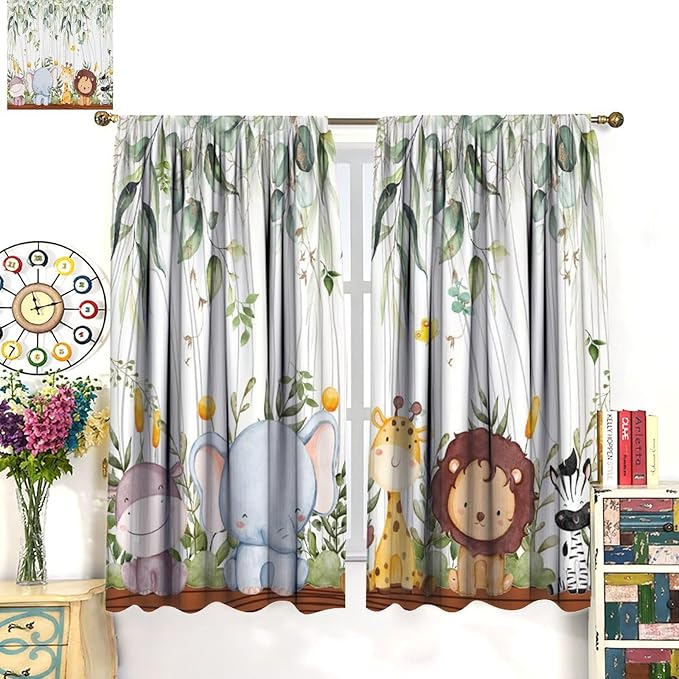 YCness Forest Animal Curtains, Watercolor Wild Animal Bear Fox Deer Kids Window Treatments for Living Room Bedroom, Green Woodland Tree Kids Drapes 2 Panel Sets,42x54 Inch