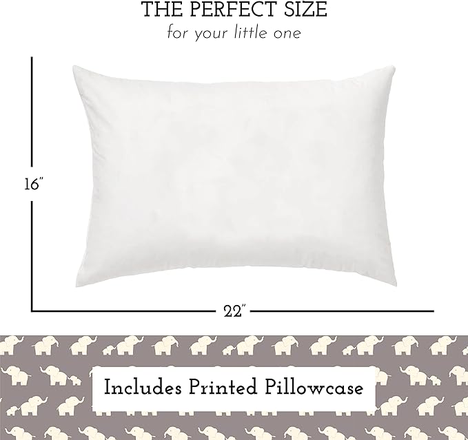 Little Sleepy Head Youth Pillow with Pillowcase 16x22, Soft Jumbo Toddler Pillow & Hypoallergenic Pillowcase - Best Kids Pillows for Sleeping, Perfect Kids Travel Pillow (Elephants Gray)
