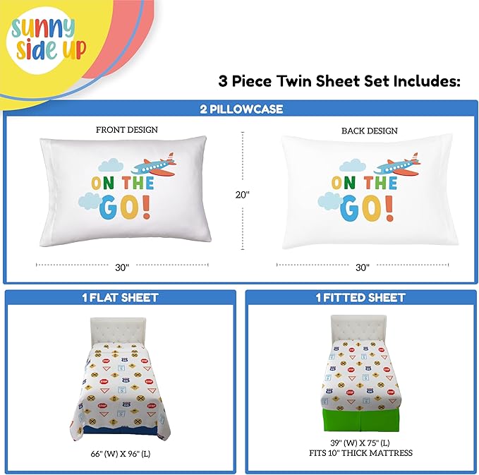 Sunny Side Up On The Go Twin Sheet Set - 3 Piece Kids Bedding Set Includes Pillow Cover - Super Soft Vehicles Microfiber Sheets