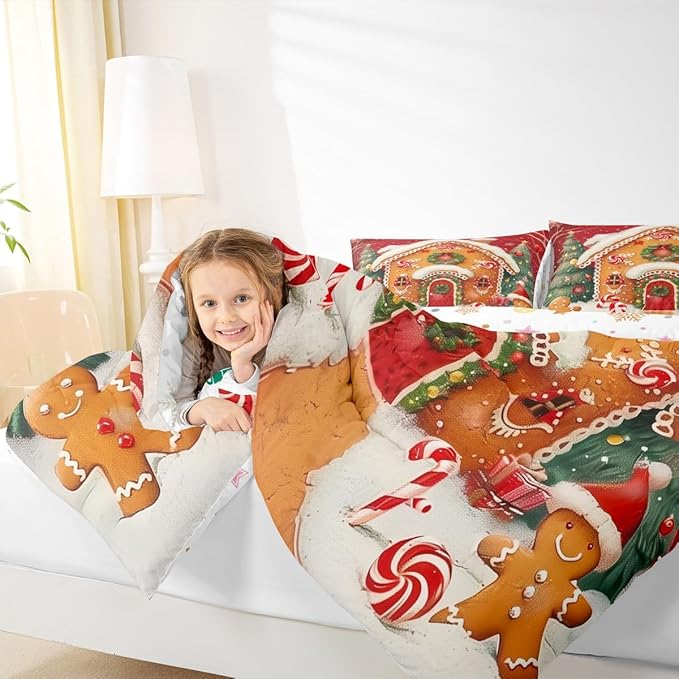 jejeloiu Kids Christmas Theme Comforter Set Full Size Xmas Tree Gingerbread Man Bedding Set for Boys Girls Teens Candy Cane House Winter Happy New Year Duvet Quilt Room Decor