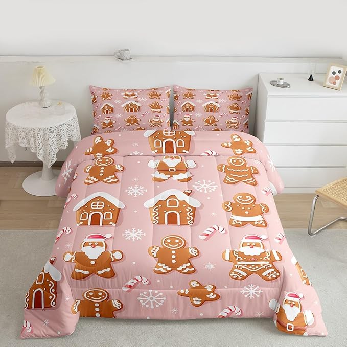 Feelyou Christmas Comforter Set All Season Gingerbread Man Bedding Set with 1 Pillow Cases Santa Microfiber Kids Twin Bedclothes Snowflake Bedroom Decor Duvet Quilt Breathable Soft Lightweight
