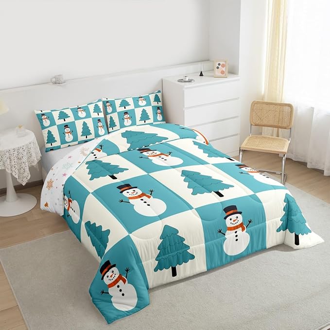 Feelyou Merry Christmas Comforter Set All Season Snowman Bedding Set with 2 Pillow Cases Xmas Tree Microfiber Kids Full Bedclothes Bedroom Decor Duvet Quilt Breathable Soft Lightweight