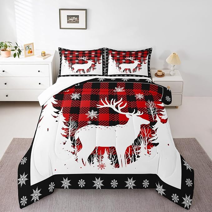 Manfei Christmas Comforter Set King Size, Xmas Deer Tree Snowflake Print Bedding Set 3pcs for Kids Boys Girls Bedroom Decor, Black Red Plaid Print Quilt Set with 2 Pillowcases