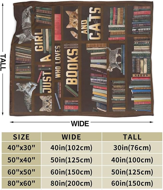 Cute Cat Blanket Just a Girl Who Loves Books and Cats Throw Blankets for Kids Teens Adults Warm Soft Lightweight Plush Funny Animal Print Fleece Flannel Throws Bedding Reading Gifts for Girls 80"x60"