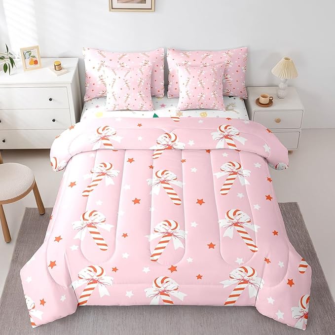 Pink Christmas Girly Comforter Set with Sheets Kids Christmas Bowknot Bedding Set Boys Girls Bow Candy Decor Bed in a Bag Xmas Theme Bed Set Bedroom Full Size