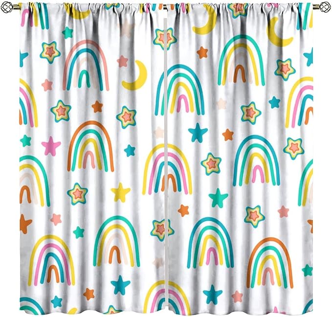 Kids Rainbow Curtains Cartoon Rainbow Abstract Bohemia Floral Lovely Stars Pattern Print Window Drapes for Girl Bedroom Living Room Kitchen Decor,2 Panel Set,42Wx63H Inch Blackout