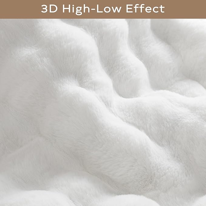 Ashler Faux Rabbit Fur Rug, White 3x5 FT Fluffy Soft Runner Area Rugs, Rectangle Fuzzy Carpet for Living Room, Bedroom, Machine Washable Shaggy Nursery - 3D Bubble Mat