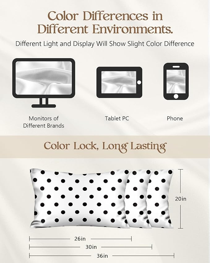 Silk Pillowcase 2 Pack - Pillow Cases 20" x 36" King Size Set of 2 for Hair and Skin Smooth Soft Breathable with Hidden Zipper Cooling Pillow Covers for Sleeping, White Black dot