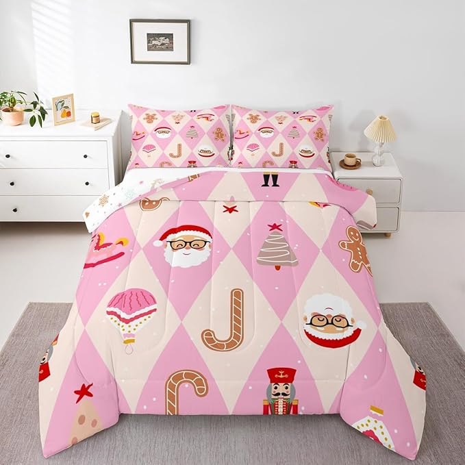 Feelyou Pink Christmas Kids Comforter Set Queen Size Santa Claus Bedding Set Xmas Tree Nutcracker soldier Duvet Quilt for Kids Boys Girls Bedroom Gingerbread Man Decor Microfiber Ultra Soft Breathable
