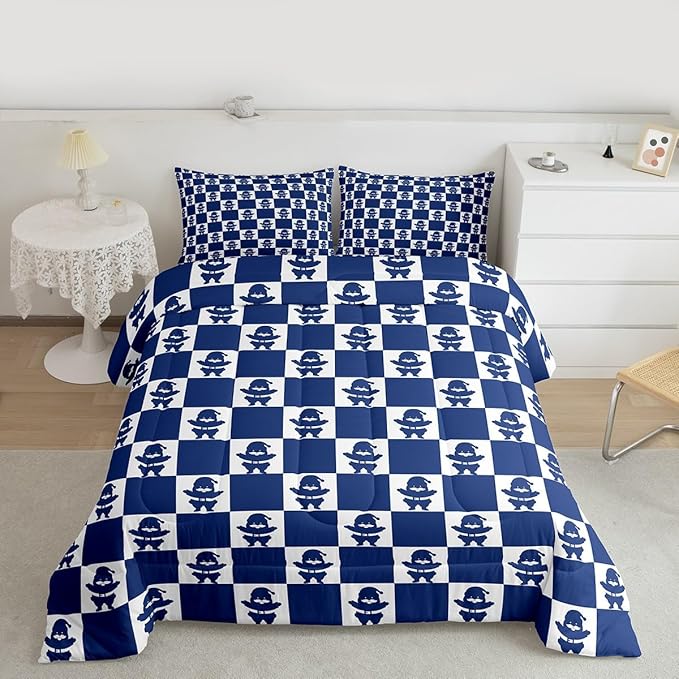 Feelyou Christmas Comforter Set Toddler Size Checkered Bedding Set for Kids Boys Girls Santa Claus Duvet Quilt Xmas Decorations Bedroom Decor Blue Microfiber 2 Pcs with 1 Pillow Cases