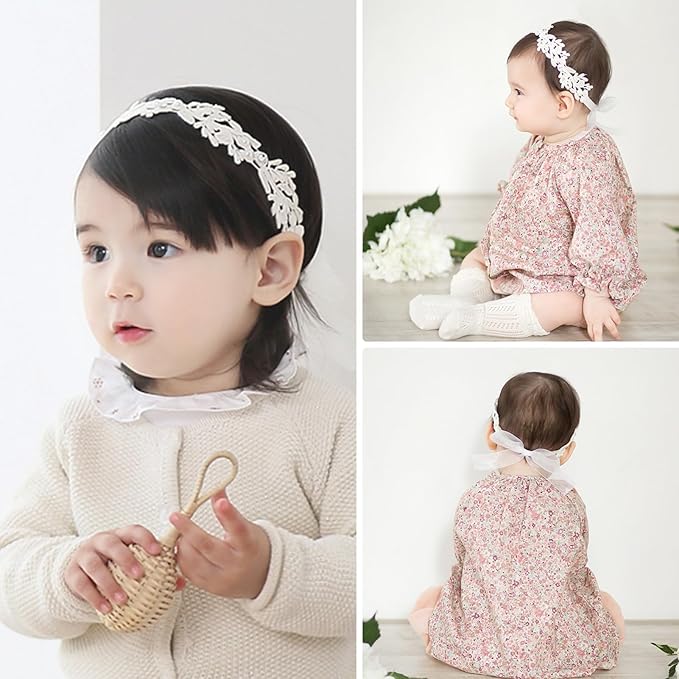 Elegant White Flower Christening Headbands for Baby Girl, Elastic Soft Lace with Cute Tulle Pearl Hair Strap, Stretchy Baptism Halo for Pure Newborns Infants Toddlers (Over 6 Months) (2 Pack 18-20in)