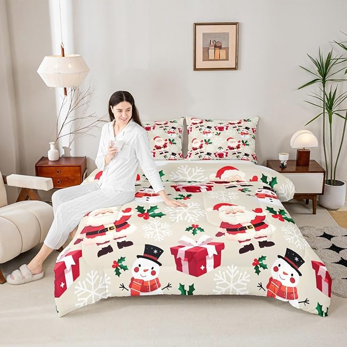 jejeloiu Merry Christmas Comforter Set Queen Size Xmas Santa Claus Bedding Set for Kids Boys Girls Cute Snowman Duvet Quilt Beige Bedroom Decor
