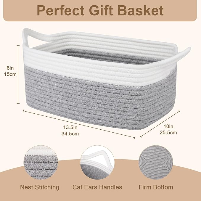 OIAHOMY Small Woven Rope Basket with Gift Bags and Ribbons, Gift Basket Empty for Baby Shower Birthday, Halloween, Christmas, Cute Cat Ear Handles for Shelf Living Room Bathroom, Grey & White