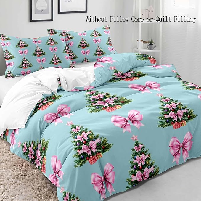 LUVIVIHOME 2PCS Pink Bow Christmas Tree Duvet Cover Twin Bedding Sets, Teen Girl Bedding, Blue Duvet Cover, Winter Holiday Kids Christmas Comforter Cover, Coquette Room Decor Aesthetic, 1 Pillow Case