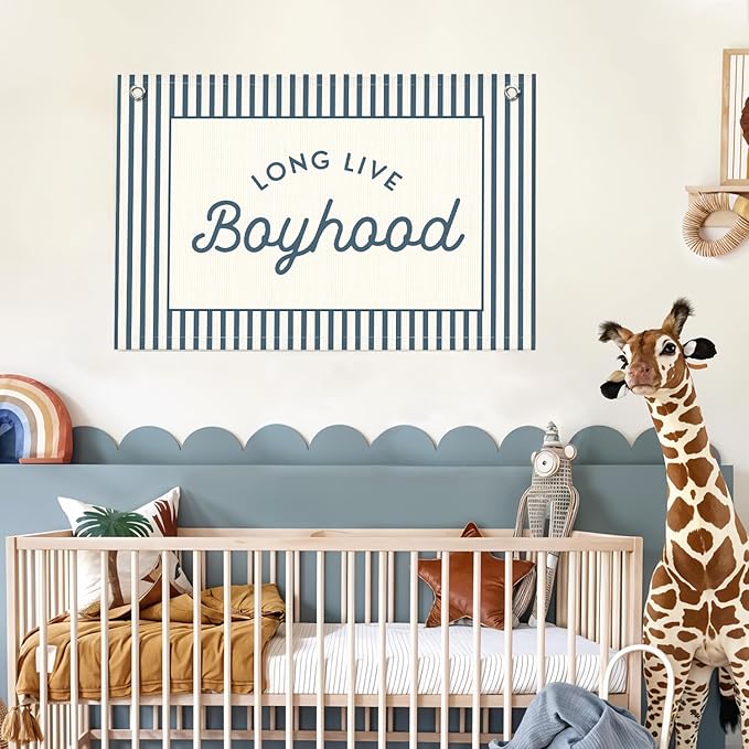Lacama Vintage Blue Long Live Boyhood Boys Room Decor, Boy Nursery Decor, Linen Banner Wall Hanging Canvas Banner Flag Decor for Toddler Boy Room Nursery 30x20 Inch