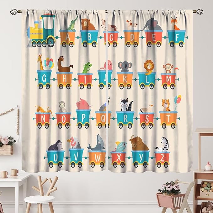 Kids Alphabet Curtains Funny Trains Letter Education School Cute Cartoon Animal Printed Curtain with Rod Pocket for Bedroom Living Room Drapes Window Treatments 2 Panels Set 42" W X 45" L
