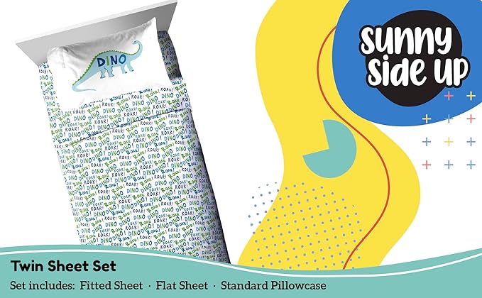 Sunny Side Up Dino Roar Twin Sheet Set - 3 Piece Kids Bedding Set Includes Pillow Cover – Super Soft Dinosaur Microfiber Sheets