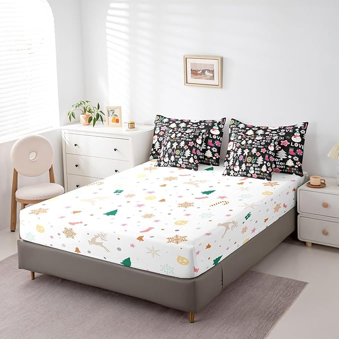 Christmas Kids Bedding Set Cartoon Snowman Gingerbread Man Comforter Set with Sheets for Boys Girls Christmas Tree Decor Bed in a Bag Pink Xmas Theme Black Bed Set 7Pcs Queen Size