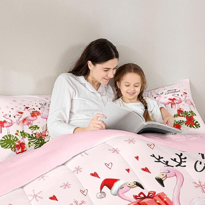Merry Christmas Comforter Set Queen Size,Pink Flamingo Cartoon Bird Animal Bedding Set for Women Adult,Winter Snowflake Green Leaves Luxury Bed Duvet Insert, 2 Pillowcases