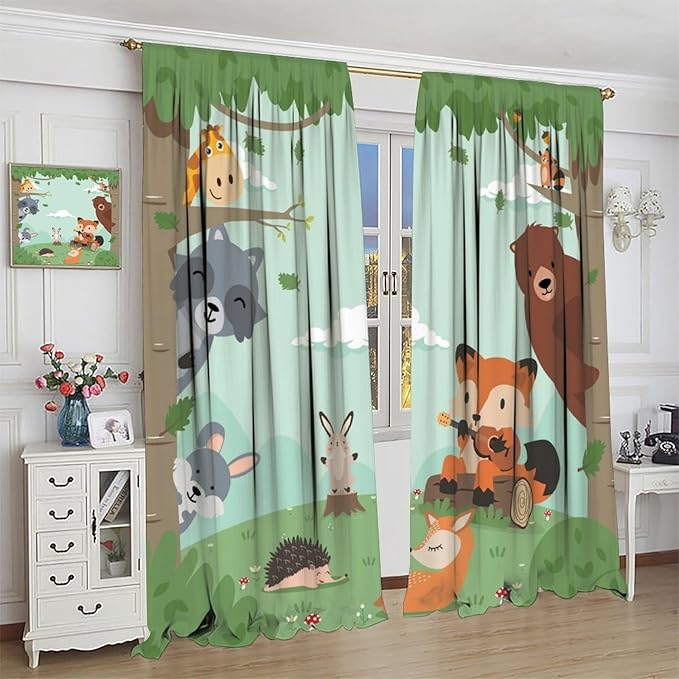 Forest Animals Curtains Colorful Forest Cartoon Cute Fox Bear Giraffe for Kids Boys Girls Nursery Bedroom Living Room Blackout Rod Pocket Decoration Window Drapes 2 Panels W31.5xL72in