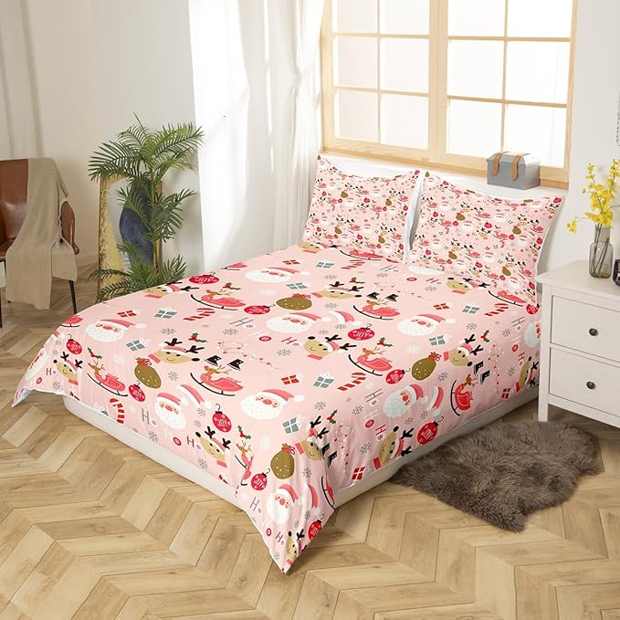 Manfei Christmas Duvet Cover Set Twin Size, Santa Claus and Reindeer Bedding Set 2pcs for Kids Girls Adult, New Year Theme Comforter Cover Soft Polyester Quilt Cover with 1 Pillowcase,No Comforter