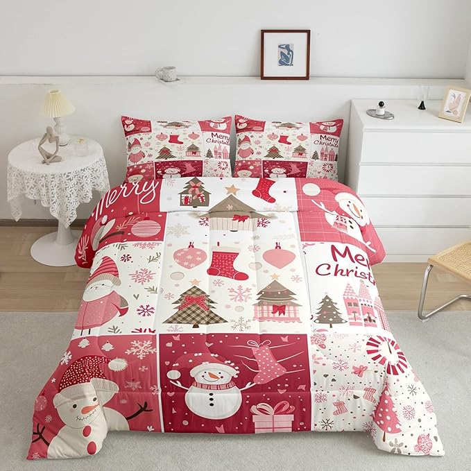 Christmas Tree Comforter Set King Size,Merry Christmas Duvet Insert for Kids Boys Girls Room Decor,Snowman Christmas Tree Snowflake Bedding Set 3Pcs,Cartoon Plaid Patchwork Quilt Set,2 Pillowcases