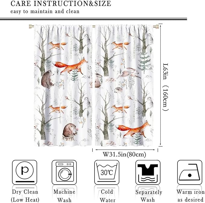 Rustic Forest Window Curtains, Watercolor Woodland Animals Owl Hedgehog Fox Butterfly Forest Squirrel and Bear Blackout Windows Door Curtain for Bedroom Living Room Home Decor 63x63in