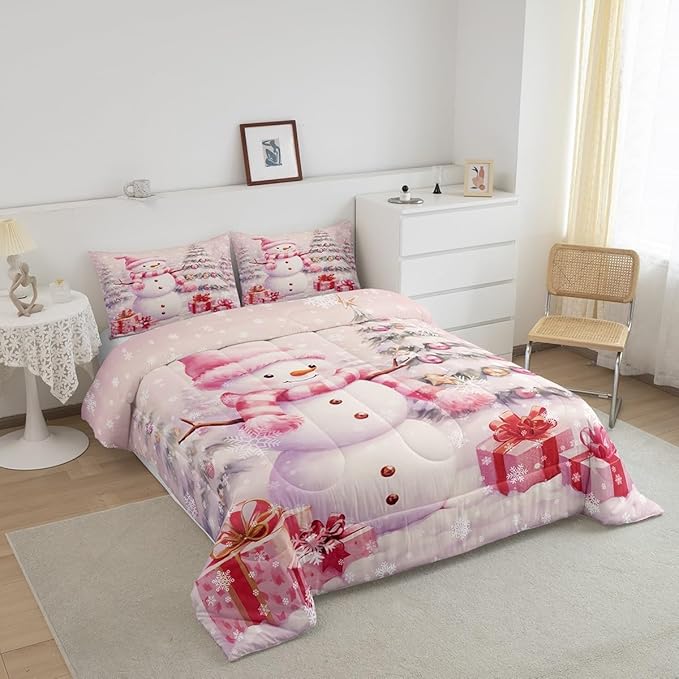 Pink Christmas Snowman Comforter Set for Kids,Merry Christmas Bedding Set Teens Boys Room Decor,Xmas Tree Gift Comforter with 1 Pillowcase for All Seasons,Twin