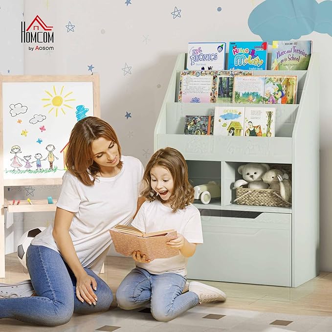 HOMCOM Kids Bookcase Multi-Shelf Rack Organizer with Storage Drawer for Books, Playroom, Pale Green