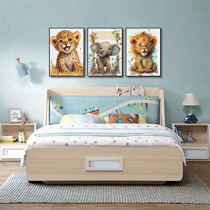 3Pcs Baby Safari Animal Wall Art Jungle Watercolor Animal Wall Decor Picture Painting Nursery Poster Prints Artwork for Boy Girl Room Home Decoration Unframed 16x24 In