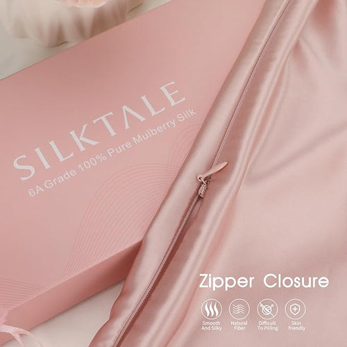 100% Mulberry Silk Pillowcase with Hidden Zipper,Both Sides Pure Silk Breathable Pillow Case for Hair and Skin,19 Momme Grade 6A,1pc,Light Pink,Queen Size 20x30 Inches