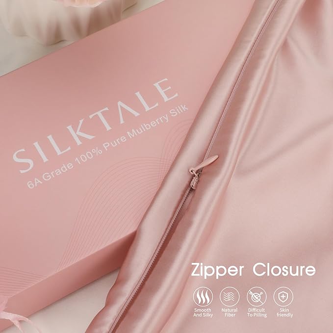 100% Mulberry Silk Zippered Bed Pillowcase for Hair and Skin,Zip Up Real Silk Large Pillow Case,19 Momme Grade 6A,1pc,Light Pink,Super King Size 20x36 Inches