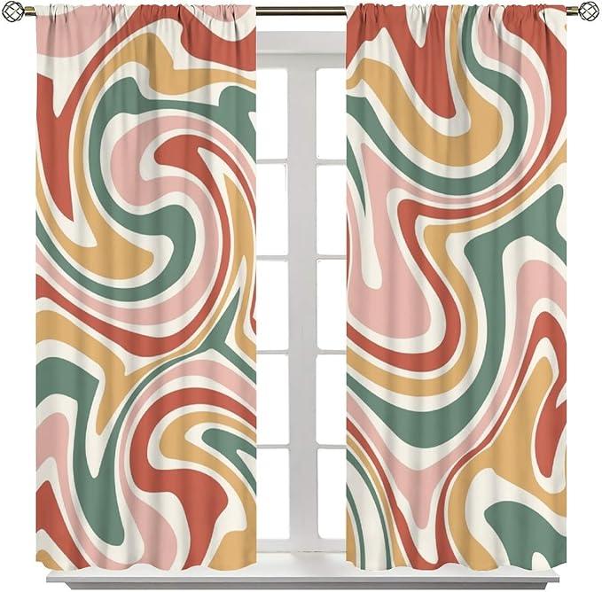 70S Abstract Wavy Swirl Curtain for Bedroom Windows,Retro Boho Minimal Teen Girls Kids Living Room Restroom Window Treatments Drapes 55"" W X 63"" L, Style-4