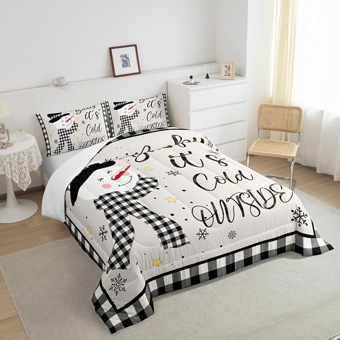 Kids Christmas Snowman Comforter Set Full Size,Snowflake Winter Bedding,Girls Boys Adults Bedroom/Xmas Cabin Decor,Geometric Grids Lattice Down Comforter,Rustic Vintage Duvet Insert,2 Pillowcases
