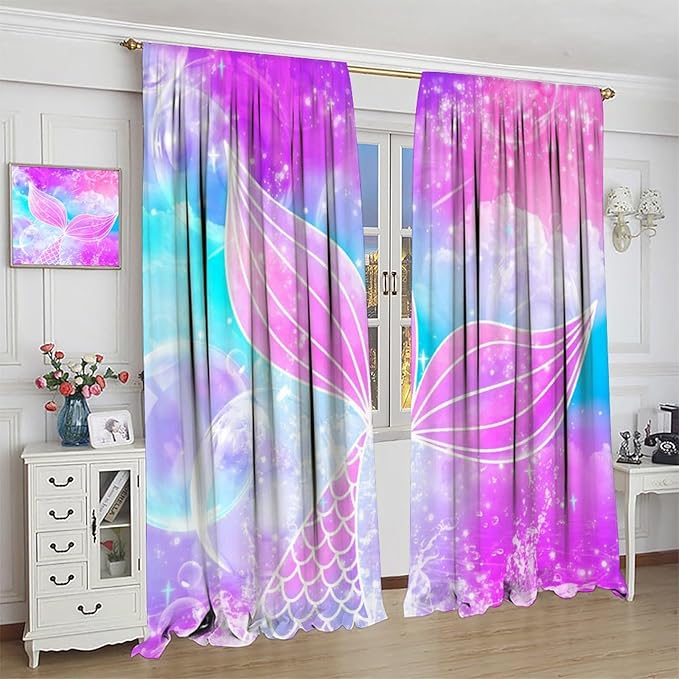 Suitable for Girls Mermaid Curtains, Rainbow Pink Purple Mermaid Tail Fish Scales Fantasy Ocean Print Curtains for Living Room Children Baby Room Nursery, 52x84 Inches