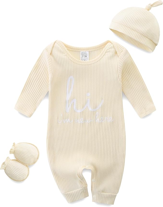 Baby Romper with Baby Mittens & Newborn Hats Footless Long Sleeve Solid Onesie Hi Im New Here