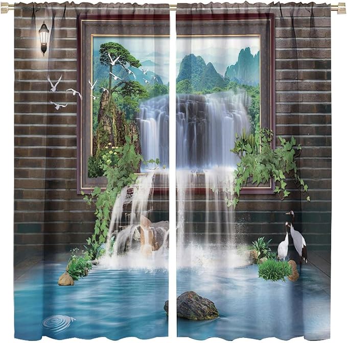 Waterfall Blackout Window Curtains, Tropical Rainforest Jungle Plants Forest Wild Nature Landscape Window Drapes, for Living Room Bedroom 42x45in 2 Panels