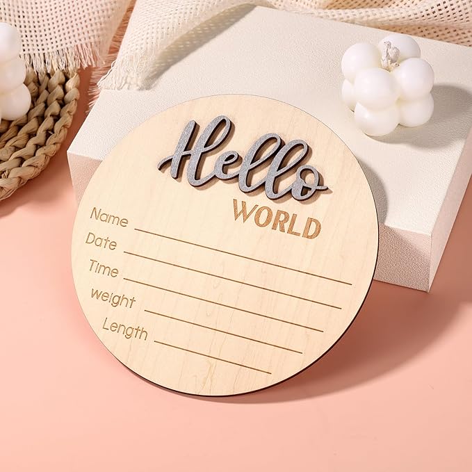 Newborn Announcement Sign, 5.9in Wooden Hello World Baby Welcome Sign Birth Plaques for Newborn Girls Boys Photo Props Baby Shower Hospital Nursery(Grey)