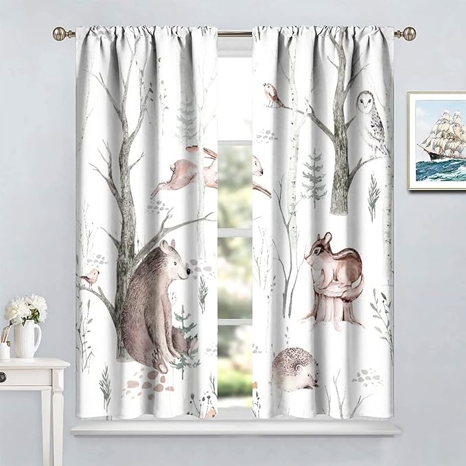 Watercolor Woodland Animal Curtains, Wildlife Bear Farmhouse Lodge Cabin Squirrel Owl Hedgehog Fox Blackout Rod Pocket Windows Door Curtain for Bedroom Living Room Home Decor 63x63in