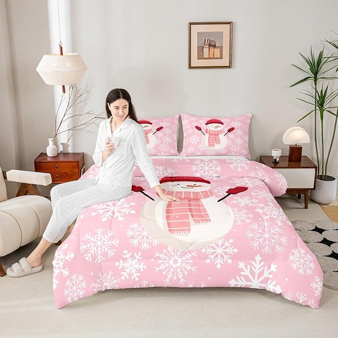 Feelyou Christmas Bedding Set Soft for Boys Girls, Snowman Pink Comforter Set Queen Size Xmas Snowflakes Duvet Quilt Microfiber Winter Snow Bedroom Decor 3 Pcs with 2 Pillow Cases
