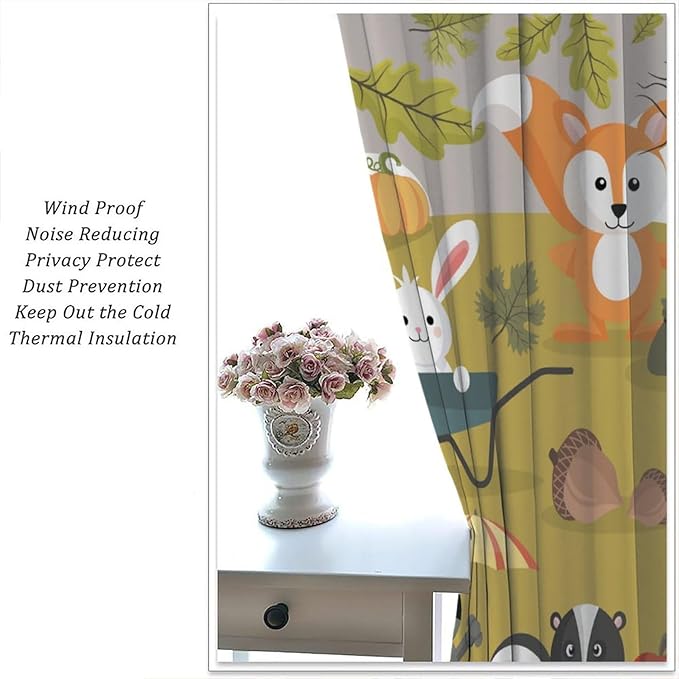Cartoon Curtains, Jungle Animals Autumn Fun Pattern Blackout Window Treatments, Rod Pocket Thermal Insulated Drapes 2 Panel Sets for Children Boys Bedroom Nursery Classroom, 55" W X 63" L