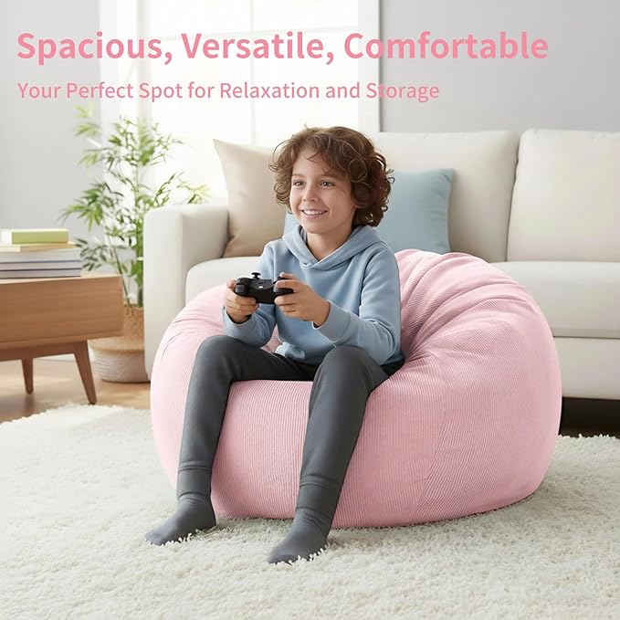Nobildonna 3 ft Bean Bag Chair Cover (No Filler) 35"×43" Large Stuffed Animal Storage Bean Bag Washable Big Beanbag Chair Cover Premium Corduroy Stuffable Bean Bag Cover for Adults,Kids,Pink 300L