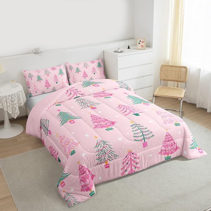 Feelyou Xmas Comforter Set Toddler Size Christmas Tree Bedding Set for Kids Boys Girls Christmas Decor Duvet Quilt New Year Gift Bedroom Decor Microfiber 2 Pcs with 1 Pillow Cases