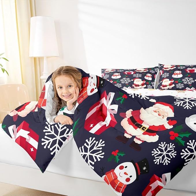 jejeloiu Merry Christmas Comforter Set Toddler Size Xmas Santa Claus Bedding Set for Kids Boys Girls Cute Snowman Duvet Quilt Dark Blue Bedroom Decor