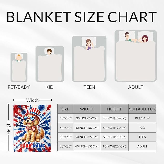 Personalized Dog Blanket for Girls - 60" x 80" Inches Golden Retriever Throw for Adult, Women - American Flag Blankets for Bed, Living Room