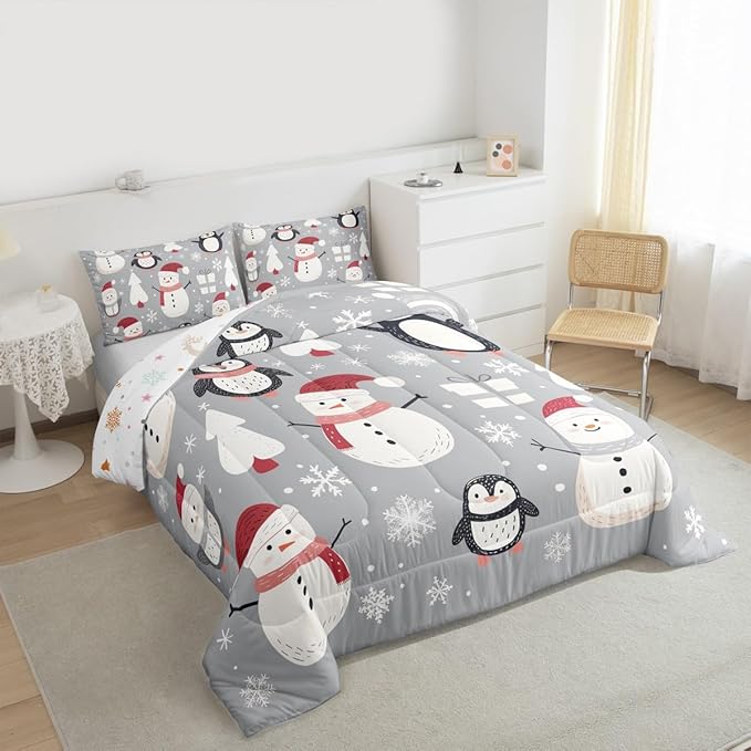 Feelyou Christmas Comforter Set Twin Size Snowman Snowflake Bedding Set for Kids Boys Girls Penguin Duvet Quilt New Year Gift Bedroom Decor Microfiber 2 Pcs with 1 Pillow Cases