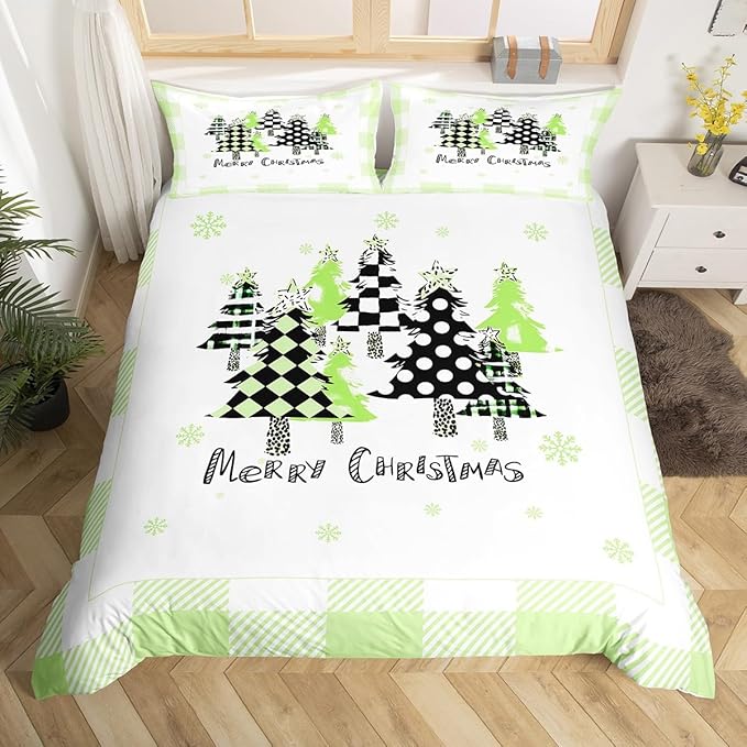 Manfei Xmas Trees Duvet Cover Set Full Size, Green Plaid Grid Snowflake Bedding Set for Kids Girls Bedroom Decor, Christmas Theme Comforter Cover New Year Quilt Cover with 2 Pillowcases, No Comforter