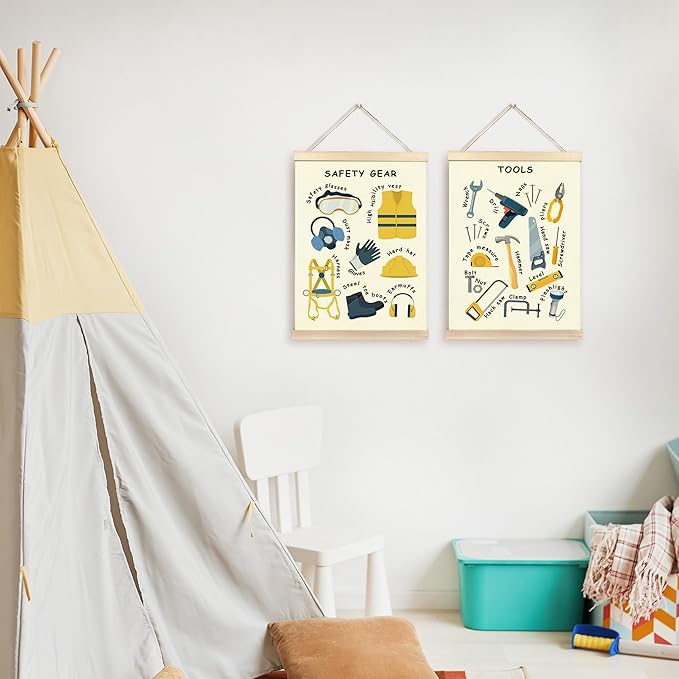 CGBHW Educational Safety Gear Tools Poster Hanger Frame Set of 2, xxxx Posters Wall Art Hanging Decor for Classroom Nursery Kids Room Playroom Preschool，12x16Inch